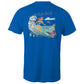 Mens royal blue t-shirt with vintage-style graphic of Bells Beach Torquay Victoria. Pinup girl surfing.