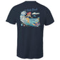 Mens navy cotton t-shirt with vintage-style graphic of Bells Beach Torquay Victoria. Pinup girl surfing.