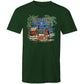 Unisex mens green t-shirt featuring a vintage style illustration of a tiki hut and a hula girl on a tropical island. Bamboo text says "Tiki-Time"