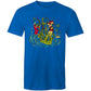 Unisex bright royal blue tee shirt with a graphic of two women battling a giant Kracken