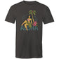 Mens charcoal tee shirt with vintage style graphic on the front featuring a hula girl sitting under a plam tree. She is sitting on some lettering made of flowers that says "ALOHA"