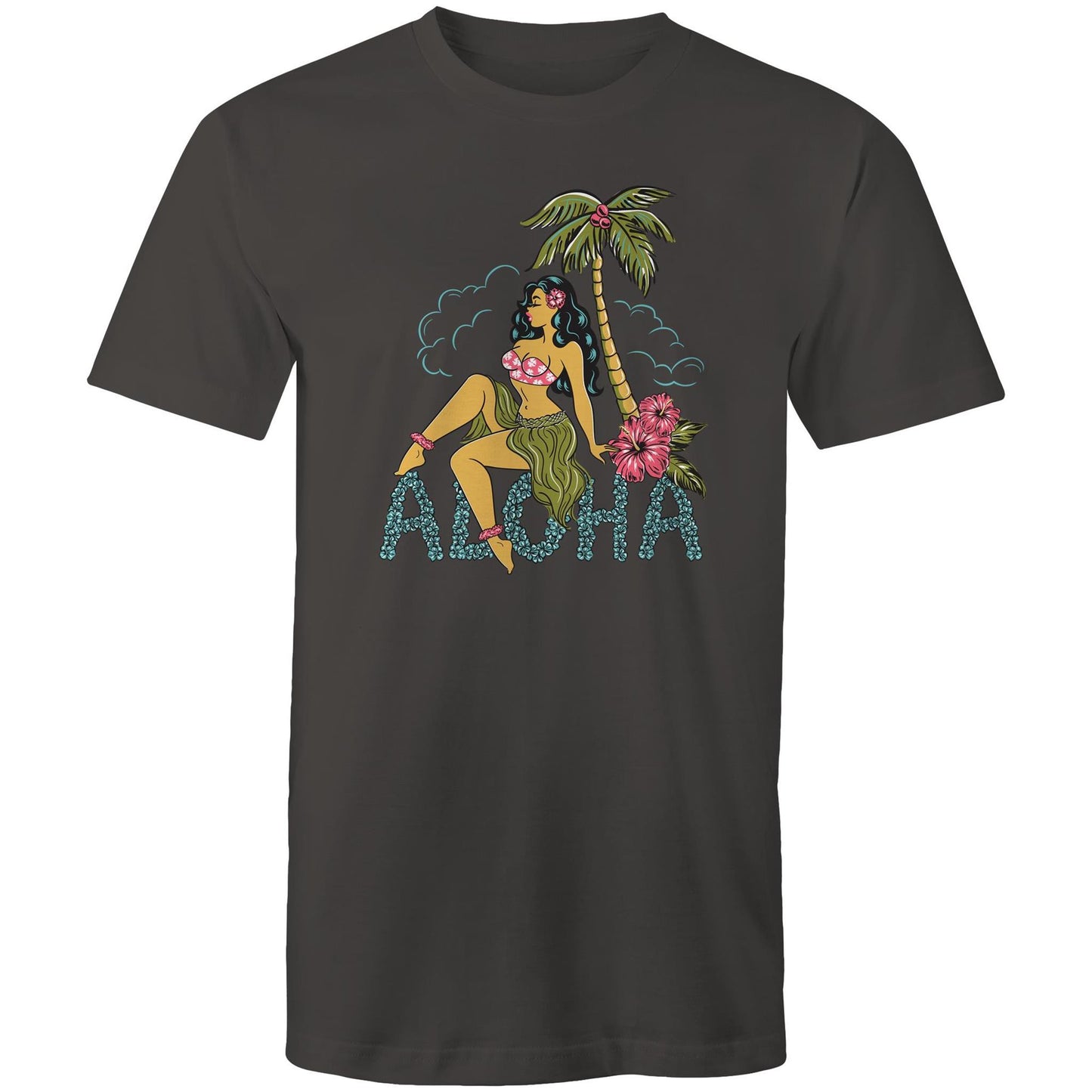 Mens charcoal tee shirt with vintage style graphic on the front featuring a hula girl sitting under a plam tree. She is sitting on some lettering made of flowers that says "ALOHA"