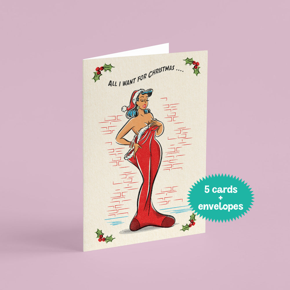 Vintage-style Christmas card with a woman in a red christmas stocking and Santa hat on a purple background.