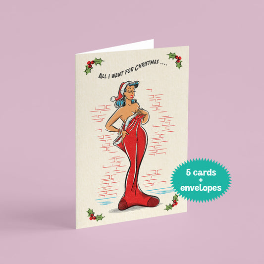Vintage-style Christmas card with a woman in a red christmas stocking and Santa hat on a purple background.