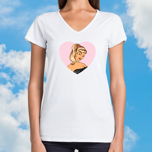 Ladies V-neck white t-shirt with a pink vintage Barbie illustration in a love heart