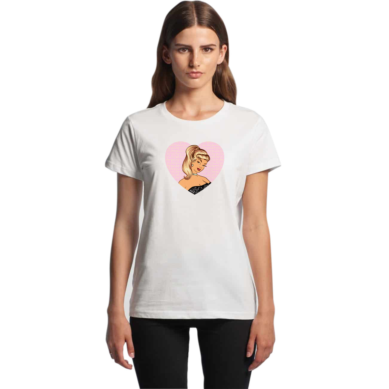 Ladies white cotton AS COlour printed t-shirt with a pink vintage Barbie illustration in a love heart. Front view of model wearing the t-shirt.