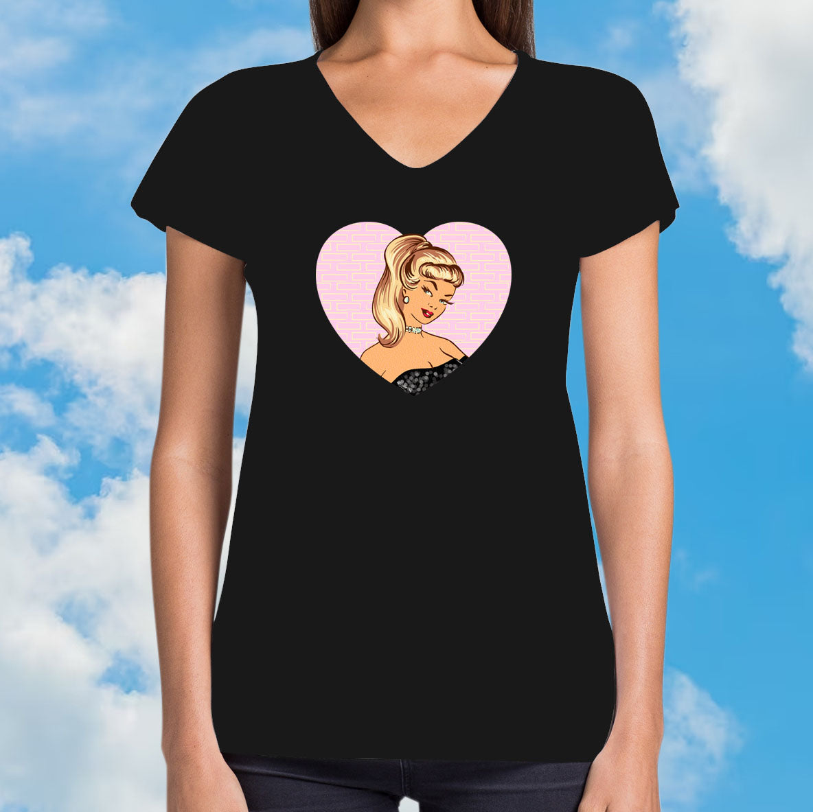 Ladies V-neck black t-shirt with a pink vintage Barbie illustration in a love heart