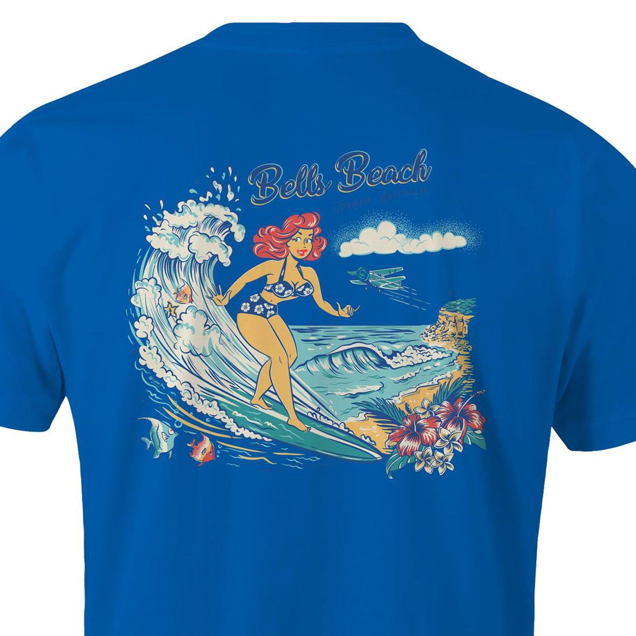 Mens royal blue AS Colour  t-shirt with vintage-style graphic of Bells Beach Torquay Victoria. Pinup girl surfing.