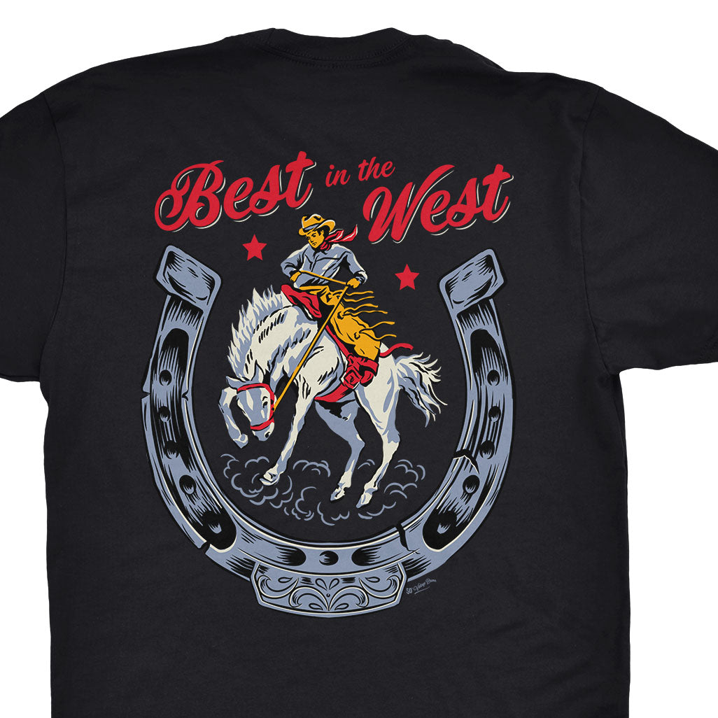 Mens Black t-shirt - the back has a large vintage style cowboy graphic of a rodeo cowboy with a large horseshoe surrounding. The text at the top says Best in the West. The front has a smaller print on the left chest that sys Best in the West