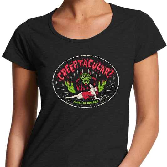 Creeptacular Halloween tee shirt for ladies. Black longline tee shirt with scoop neck.