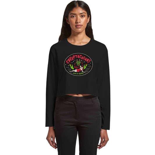 Creeptacular Black Long sleeved cropped ladies tee shirt  with a devil and a woman cowering in fear similar to a b-movie poster from the 1950s.