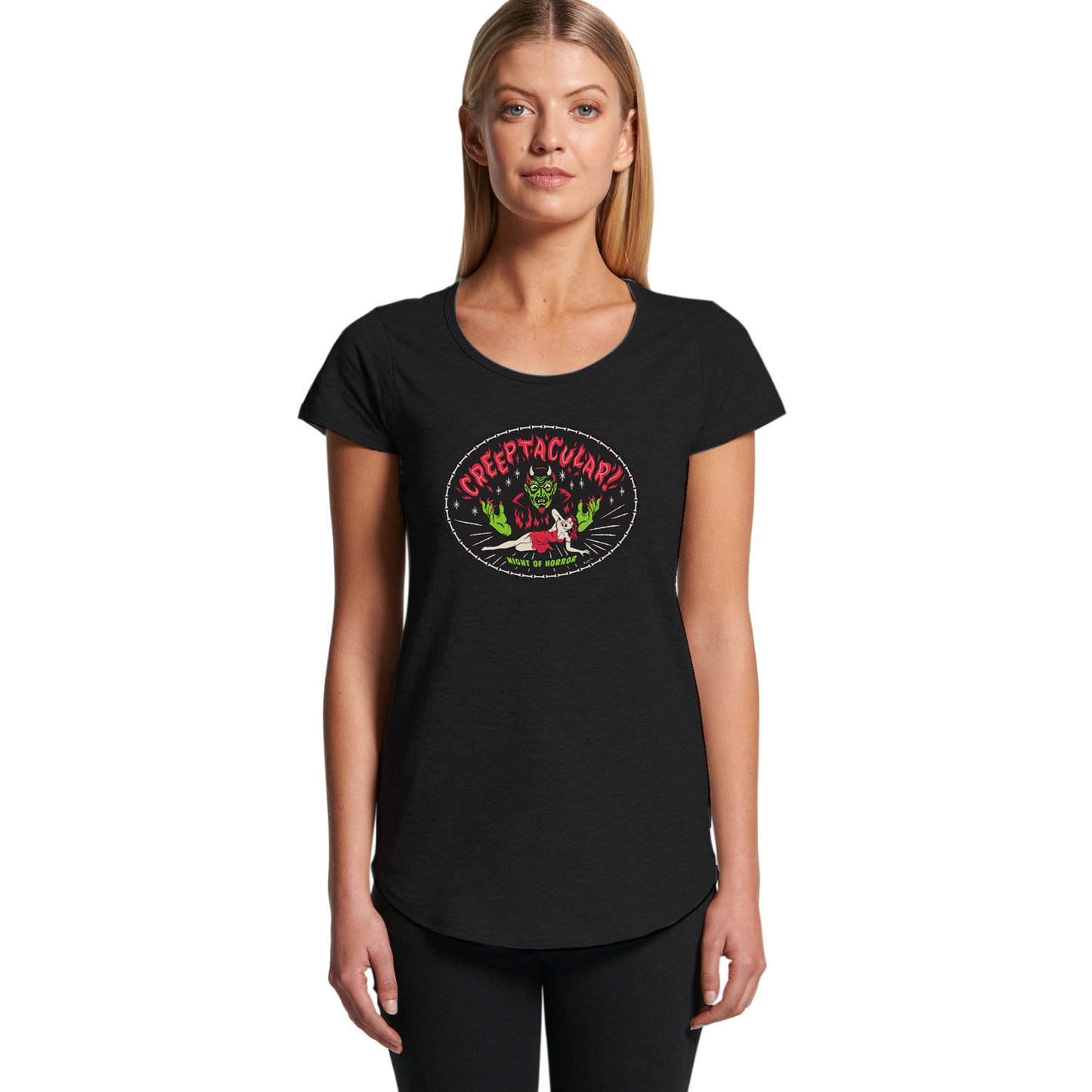 Creeptacular Halloween tee shirt for ladies. Black longline tee shirt with scoop neck.