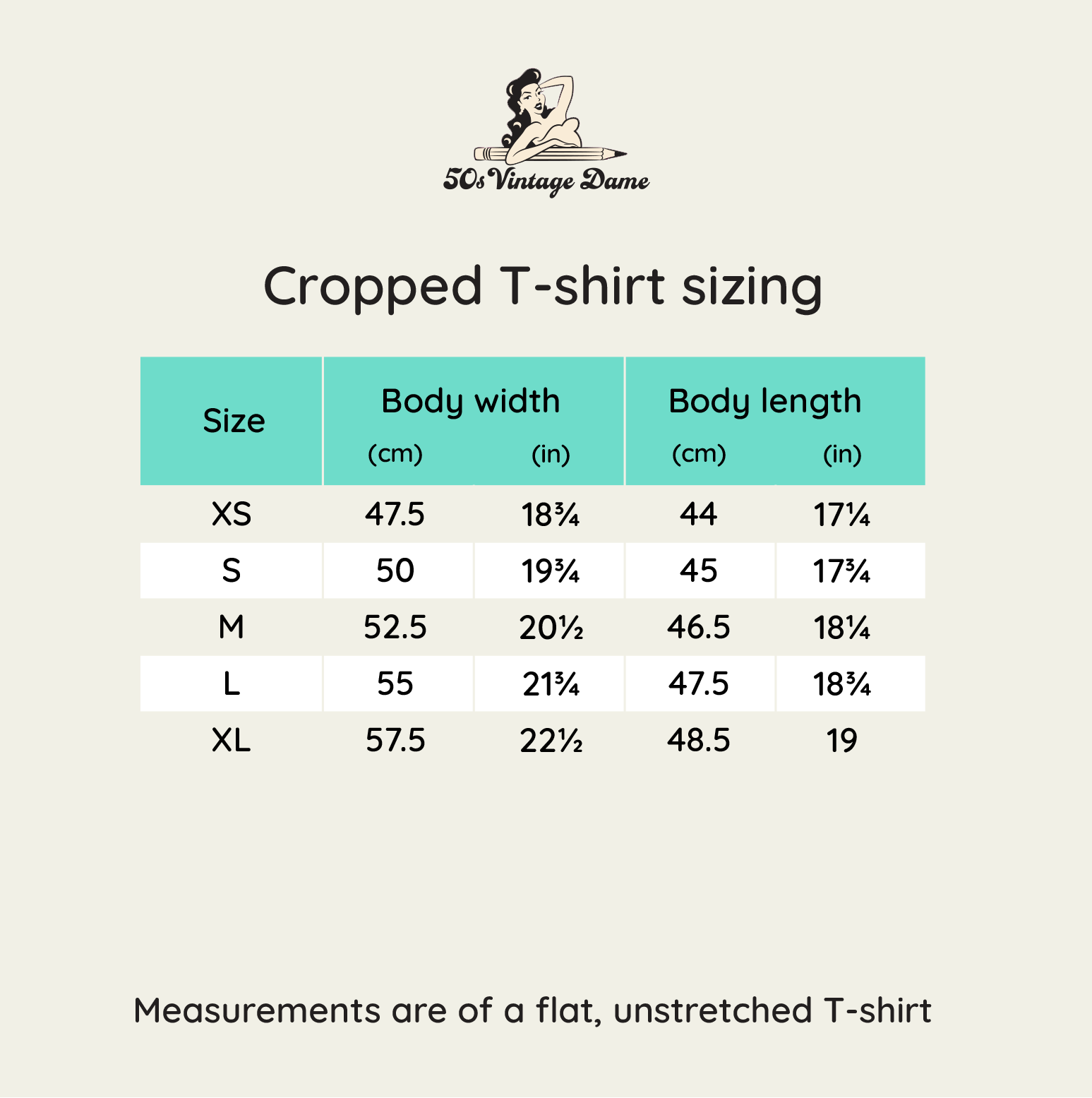 Size chart for Log sleeved cropped tee shirts