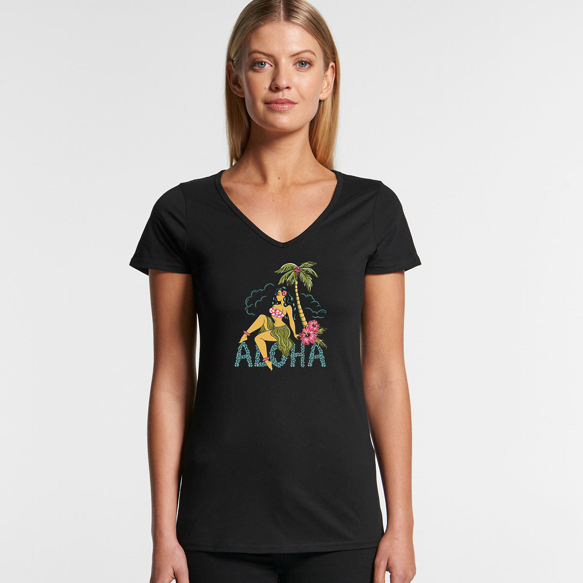 Hula pinup teshirt with v-neck in black cotton