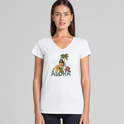 Hula pinup vintage tee shirt with v neck in white cotton