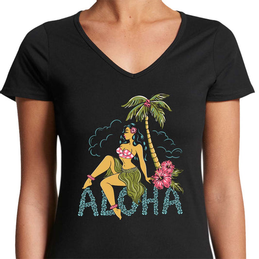 Ladies black V-neck neck t-shirt with a pinup hula girl under a plam tree. Text made of flowers reads "ALOHA"