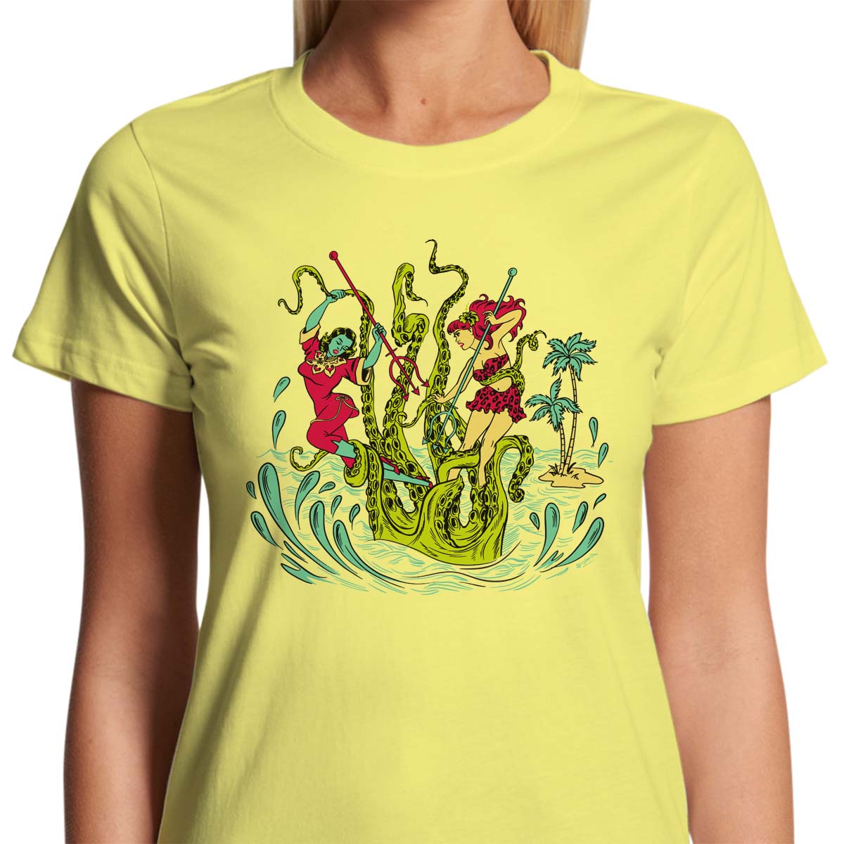 Ladies lemon yellow t-shirt with a vintage tiki style graphic by 50s Vintage Dame showing two pinup women fighting a giant sea creature.