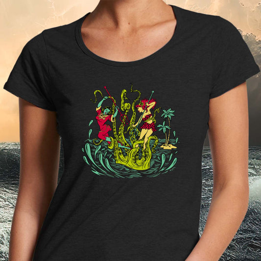 Battle of the Kraken ladies fitted scoop neck tee shirt with vintage style illustraation of two women fighting a giant Kraken