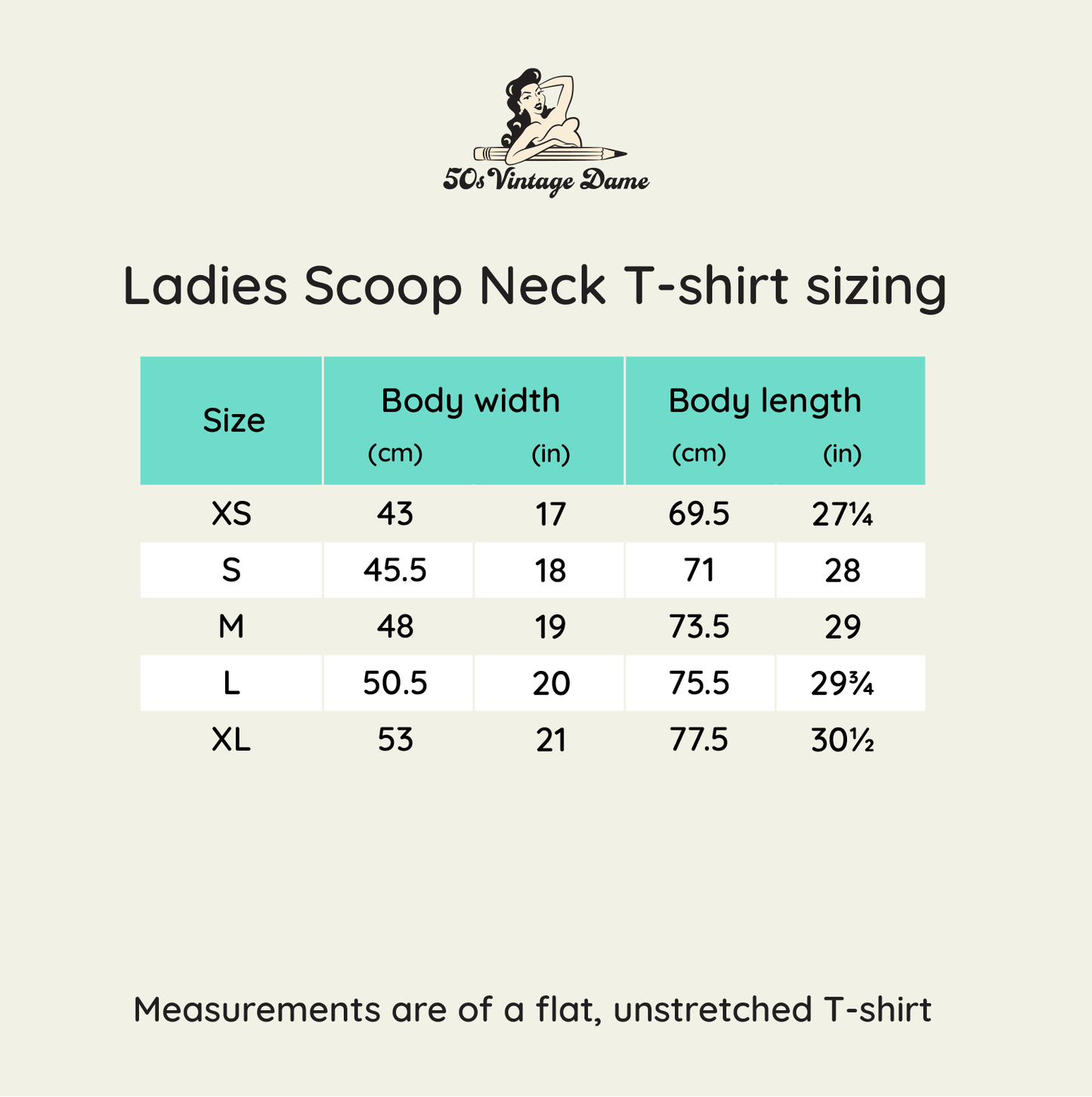 Ladies scoop neck t-shirt sizing chart