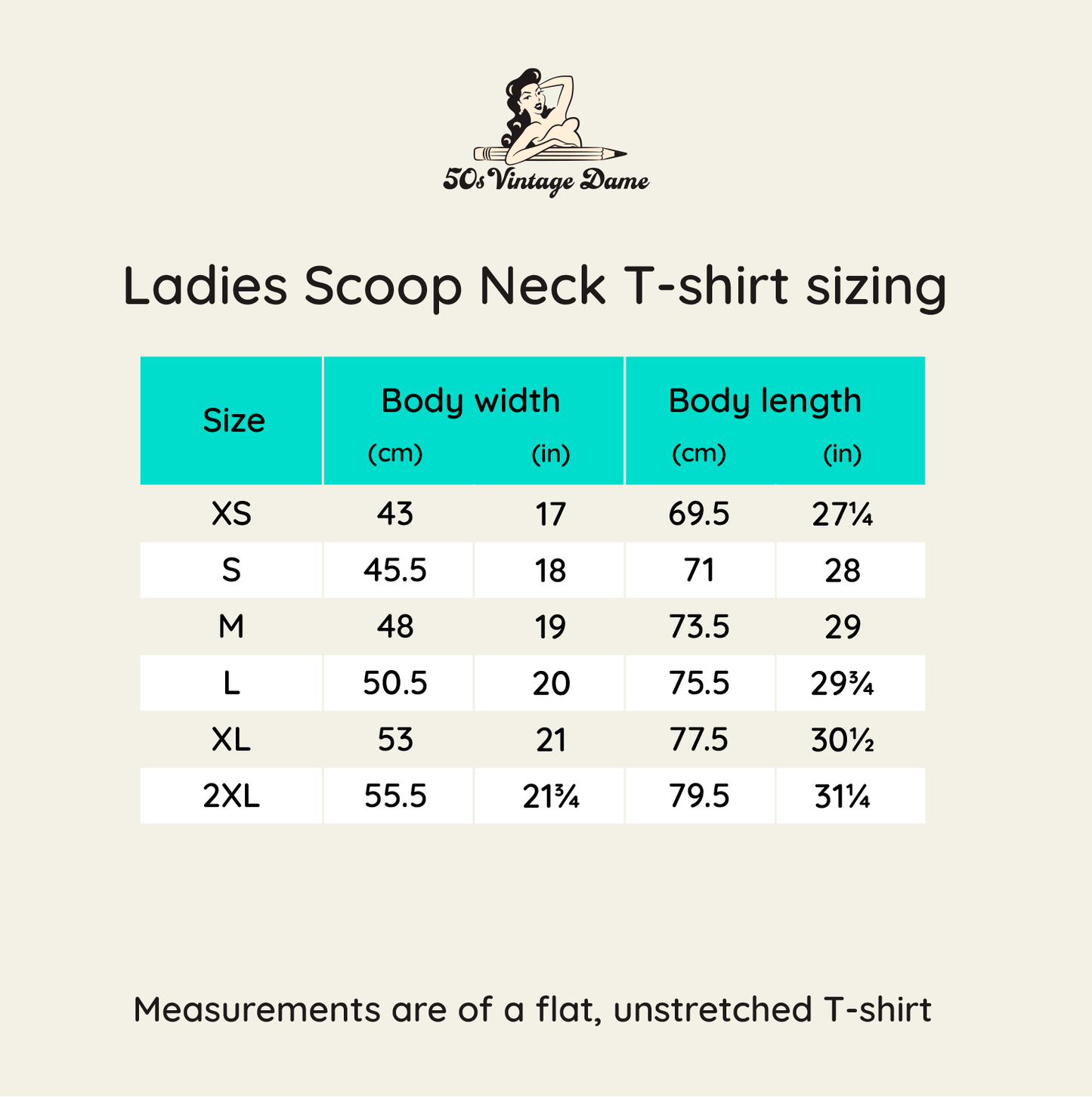 Size chat for ladies coop neck fitted tee shirt : XS, S, M, L, XL, 2XL
