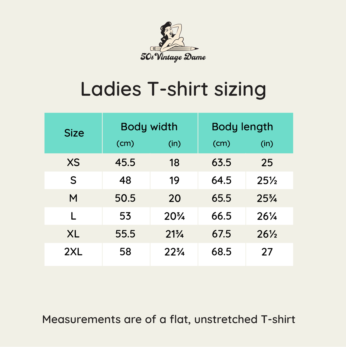 Size chart for ladies t-shirts.