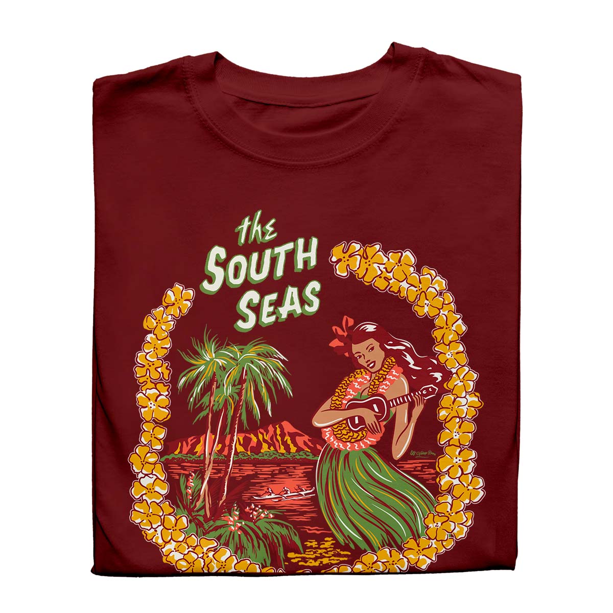 Vintage matchbook style unisex mens t-shirt with a hula girl playing a ukelele on Waikiki beach with palm trees and Diamond head in the background. Text says "The South Seas"