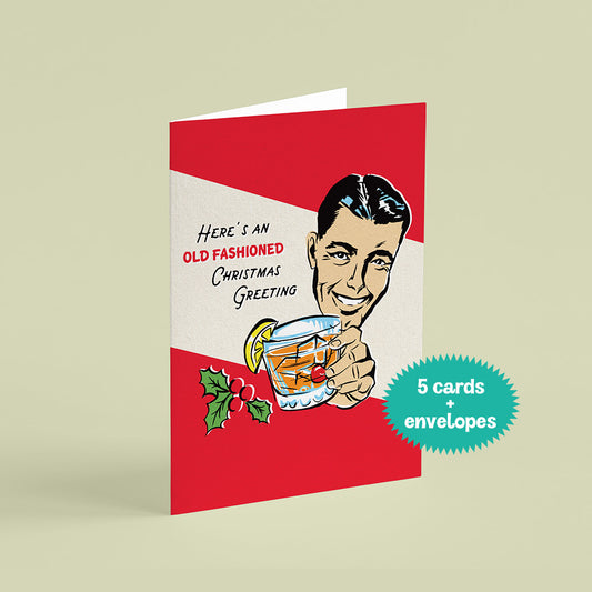Vintage-style Christmas card with a man holding a glass of hot chocolate, on a beige background.