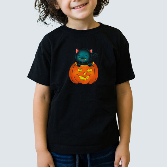 Kids black tee shirt with a cute vintage style illustration of a black kitten popping out of a pumpkin jack-o-lantern
