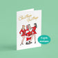 Christmas greeting card with cartoon santa character and pinup girl helpers on a green background