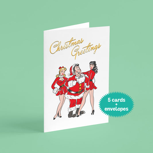 Christmas greeting card with cartoon santa character and pinup girl helpers on a green background