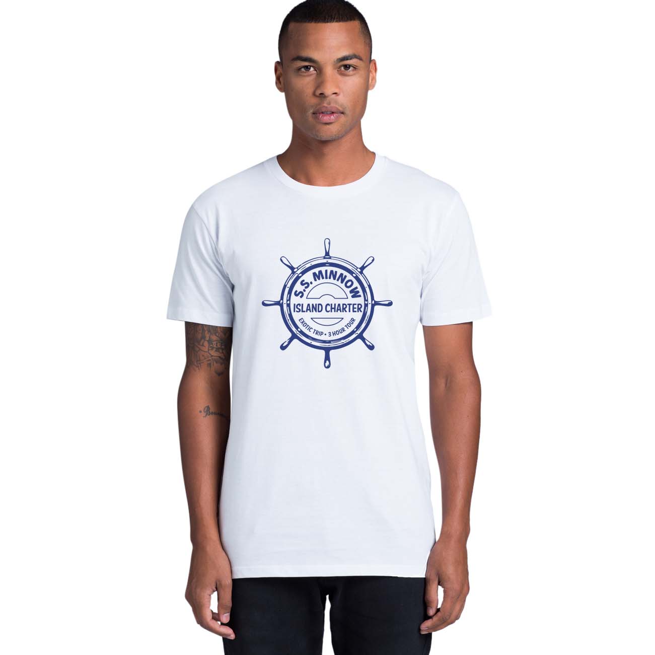 SS Minnow unisex t shirt white with navy print