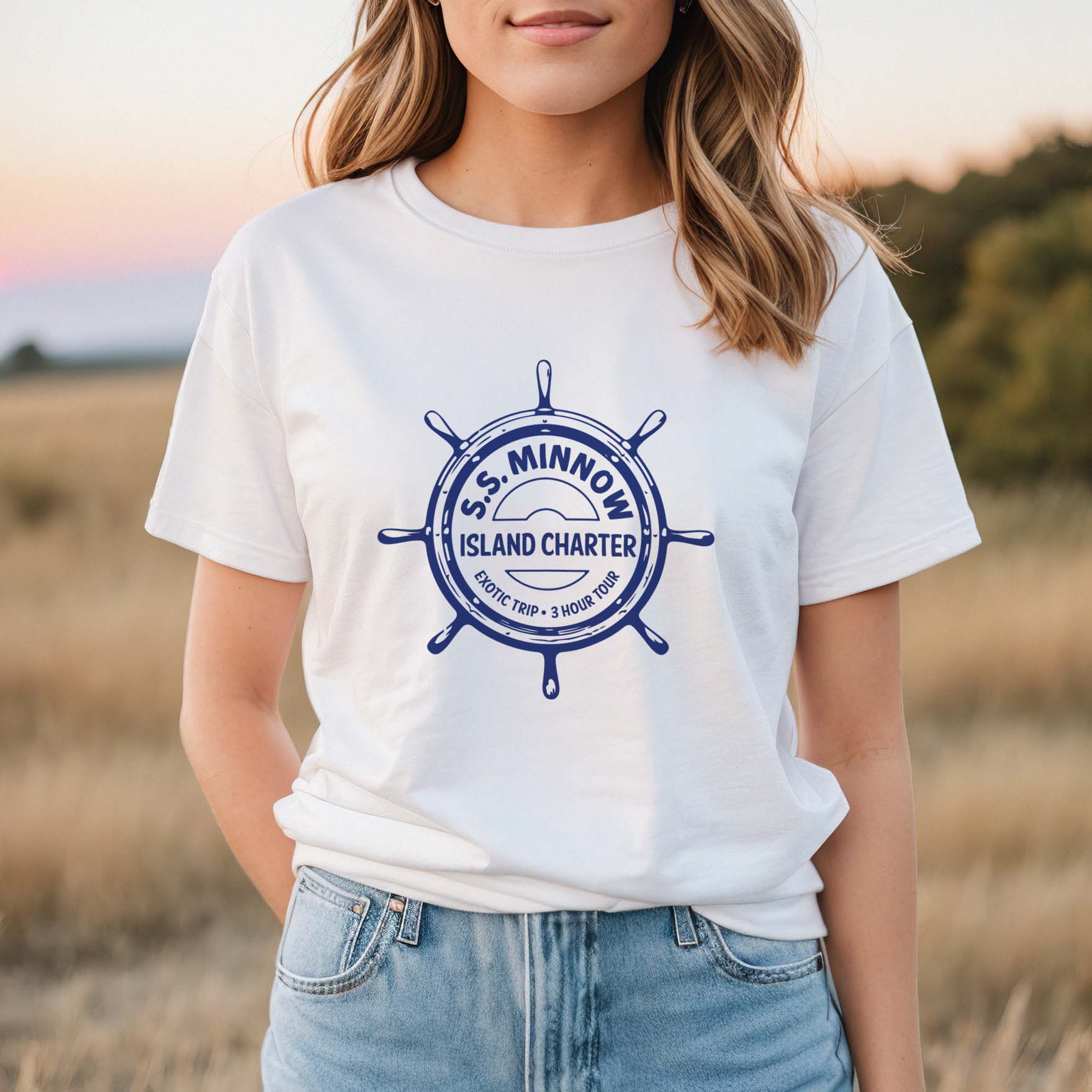 SS Minnow unisex t shirt white with navy print