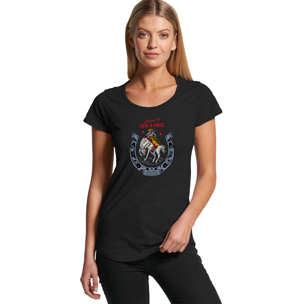 Ladies scoop neck black t-shirt. Vintage-style illustration of cowboy riding a bucking bronco with the slogan Lookin' to save a horse.