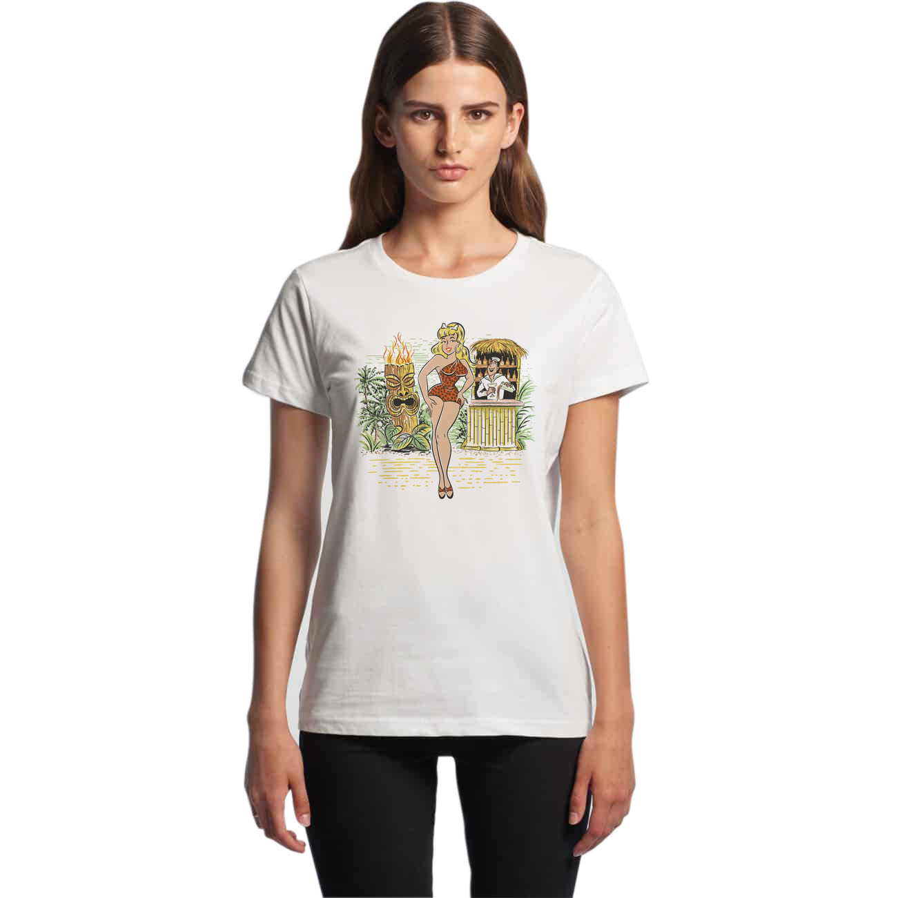 Model wearing a white cotton tee shirt with an original illustration featuring a sexy tiki queen pionup lady. Behind her a tiki statue bursts into flames and a sailor behind a little tiki bar spills his drink because he can't take his eyes off her.