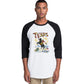 Raglan sleeve t-shirt. Black sleeves and white body. Front image is a vintage style illustration of a cowboy on horseback. Slogan says Don't Mess with Texas.