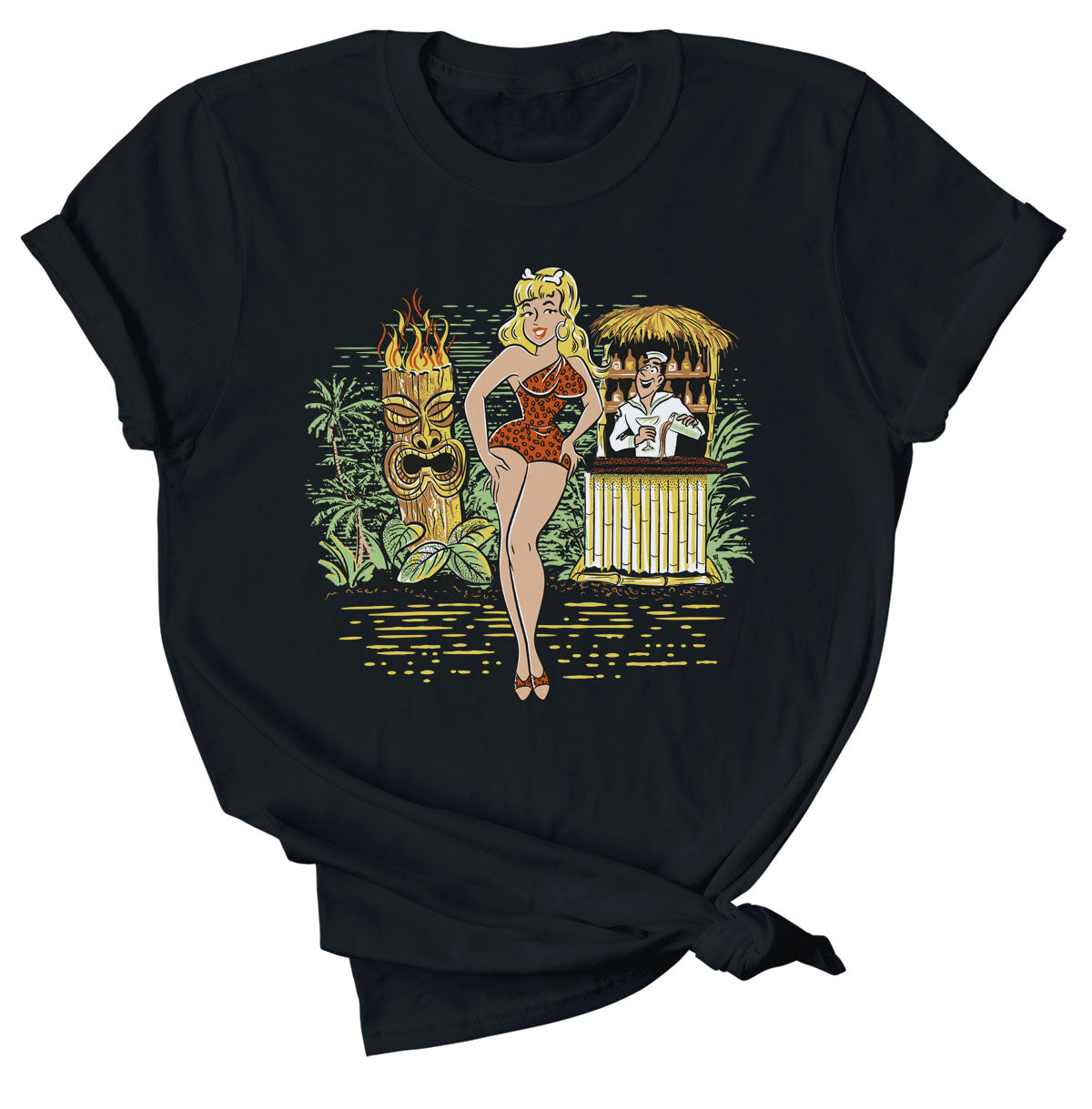 Black cotton tee shirt with an original illustration featuring a sexy tiki queen pionup lady. Behind her a tiki statue bursts into flames and a sailor behind a little tiki bar spills his drink because he can't take his eyes off her.