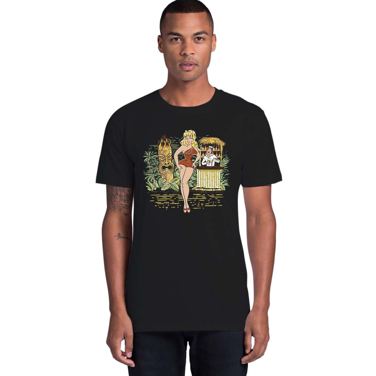 Black cotton tee shirt with an original illustration featuring a sexy tiki queen pionup lady. Behind her a tiki statue bursts into flames and a sailor behind a little tiki bar spills his drink because he can't take his eyes off her.