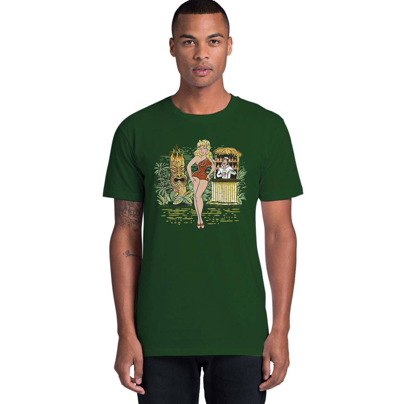 Forest Green cotton tee shirt with an original illustration featuring a sexy tiki queen pionup lady. Behind her a tiki statue bursts into flames and a sailor behind a little tiki bar spills his drink because he can't take his eyes off her.