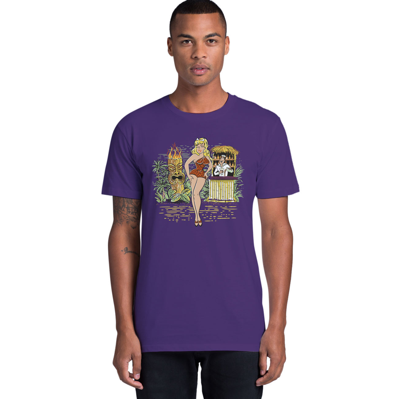 Purple cotton tee shirt with an original illustration featuring a sexy tiki queen pionup lady. Behind her a tiki statue bursts into flames and a sailor behind a little tiki bar spills his drink because he can't take his eyes off her.