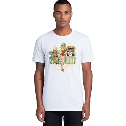 White cotton tee shirt with an original illustration featuring a sexy tiki queen pionup lady. Behind her a tiki statue bursts into flames and a sailor behind a little tiki bar spills his drink because he can't take his eyes off her.