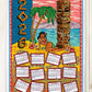 2026 Tiki calendar Teatowel with tropical design featuring a hula dancer and tiki statue on a wooden background.