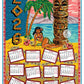 2026 Tiki calendar Teatowel with tropical design featuring a hula dancer and tiki statue.