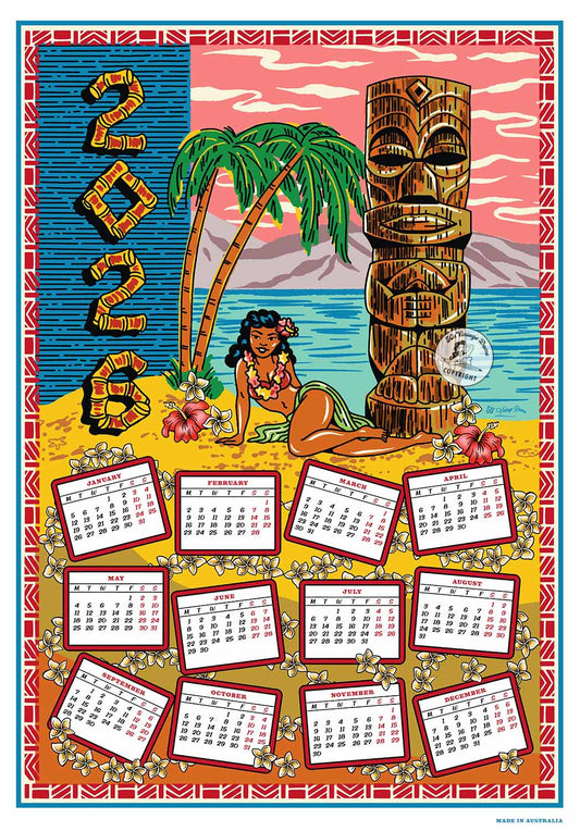 2026 Tiki calendar Teatowel with tropical design featuring a hula dancer and tiki statue.