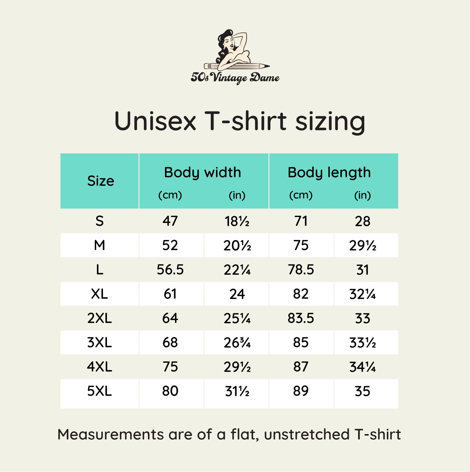 Size chart for tshirts