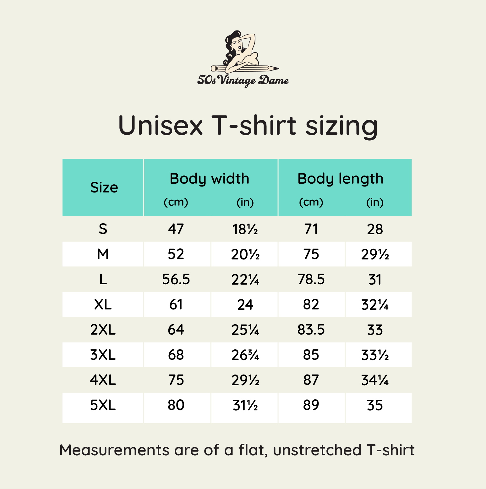 Unsex tee shirt sie chart