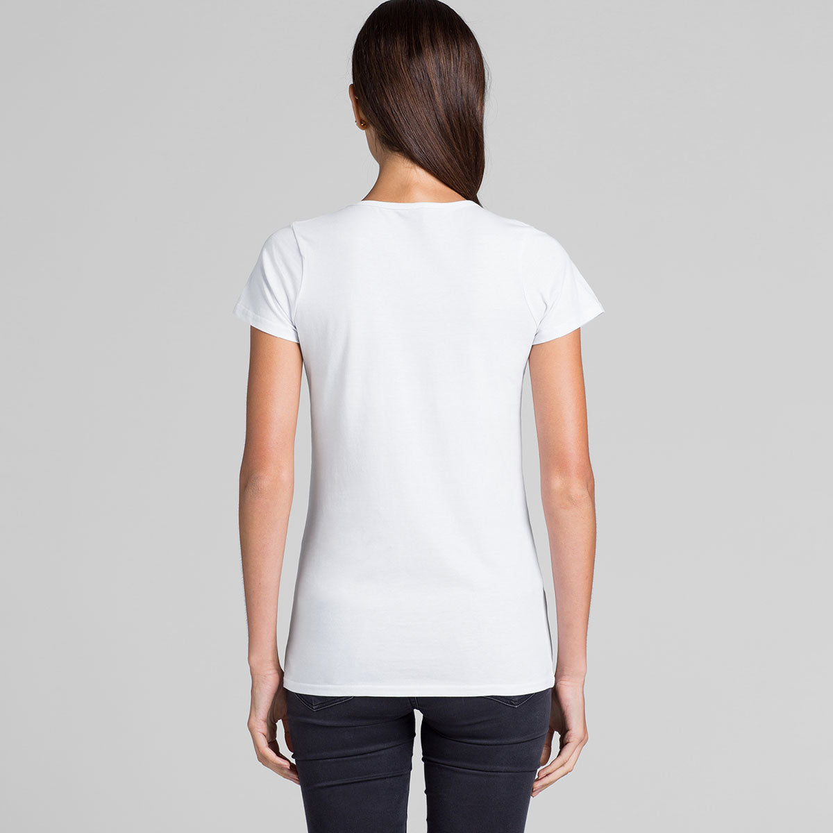 back view of ladies white v neck tee shirt