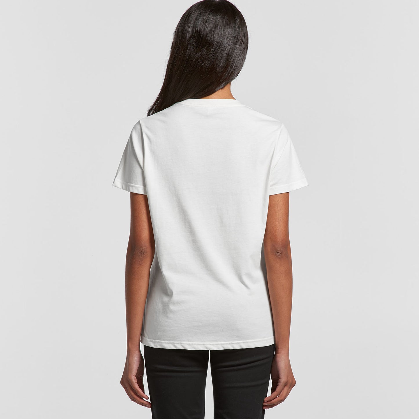 Back view of ladies crew neck white cotton AS Colour tee shirt