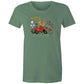 Sage green t-shirt with an ilustration of a hillbilly driving a moonshine-laden jalopy trying to outrun the law. A pretty hilly girl sits on the back and pappy is in the background with his still. The text says "White Lightning"