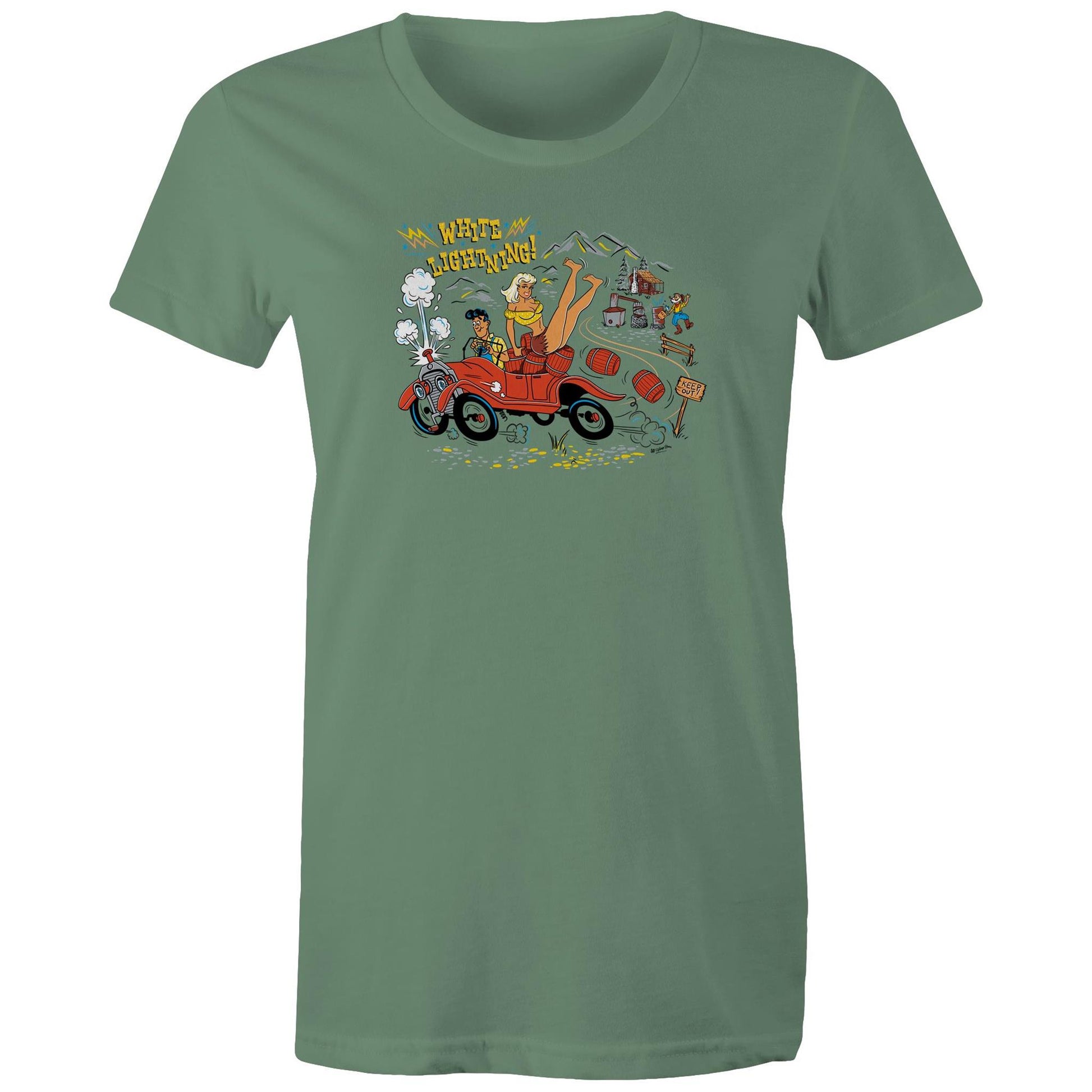 Sage green t-shirt with an ilustration of a hillbilly driving a moonshine-laden jalopy trying to outrun the law. A pretty hilly girl sits on the back and pappy is in the background with his still. The text says "White Lightning"