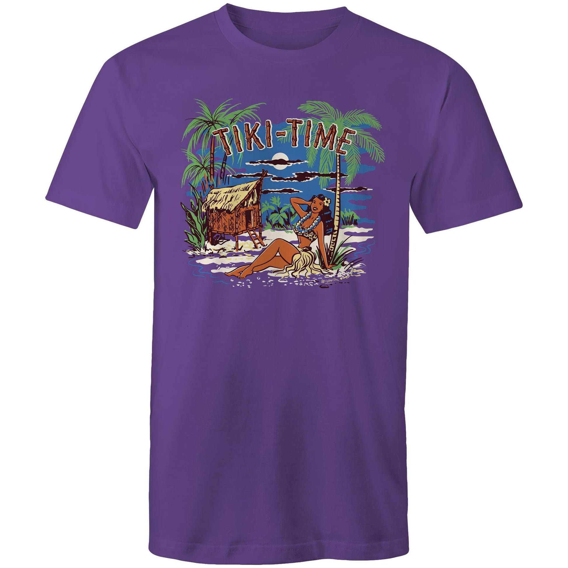 Unisex mens purple t-shirt featuring a vintage style illustration of a tiki hut and a hula girl on a tropical island. Bamboo text says "Tiki-Time"